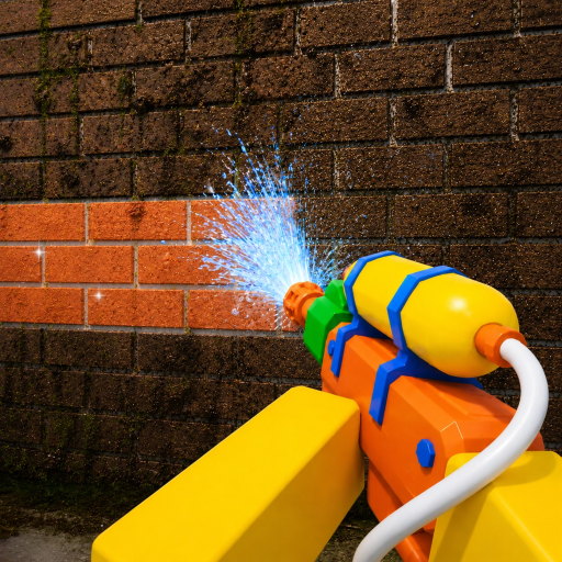 Official Wash The House game icon showing a power washer spraying a dirty brick wall clean